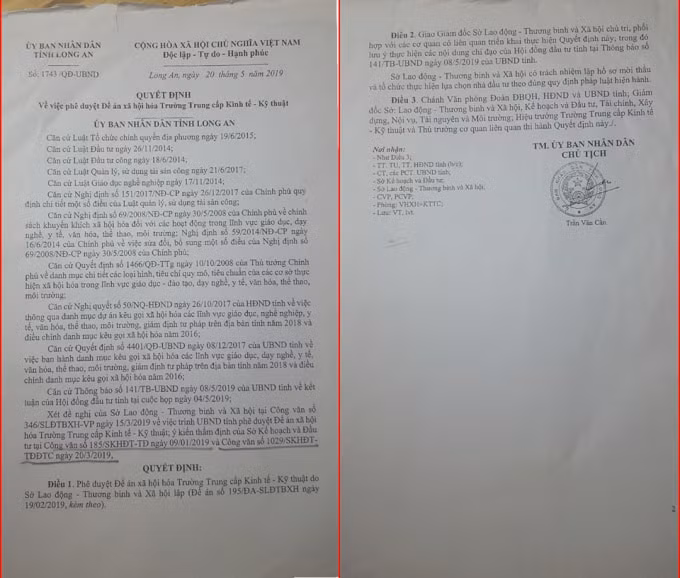 Ngày 20/5/2019, Chủ tịch UBND tỉnh Long An đã ký Quyết định số 1743/QĐ- UBND, Quyết định về việc phê duyệt Đề án xã hội hóa Trường KTKT.