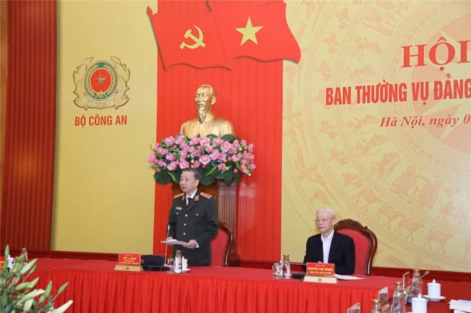 Đại tướng Tô Lâm, Ủy viên Bộ Chính trị, Bí thư Đảng ủy Công an Trung ương, Bộ trưởng Bộ Công an phát biểu tại Hội nghị. Ảnh: BCA.