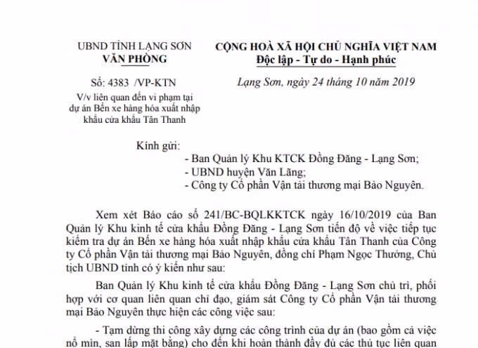 UBND tỉnh Lạng Sơn đã ban hành văn bản về việc tiếp tục kiểm tra dự án Bến xe hàng hóa xuất nhập khẩu cửa khẩu Tân Thanh.