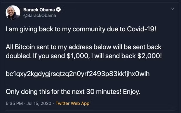 Tài khoản của cựu Tổng thống Barack Obama đăng nội dung liên quan đến Bitcoin. Ảnh: TL.
