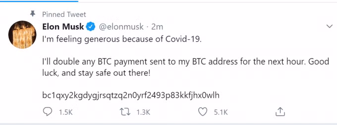 Hacker đã chiếm tài khoản CEO Tesla và đăng lời kêu gọi ủng hộ để lừa đảo. Ảnh: Twitter