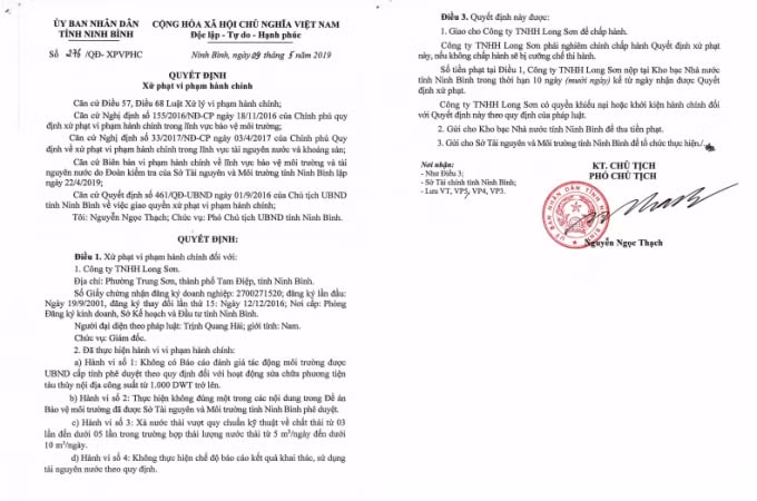 Quyết định xử phạt vi phạm hành chính số 276/QĐ – XPVPHC ngày 09/05/2019 của UBND tỉnh Ninh Bình