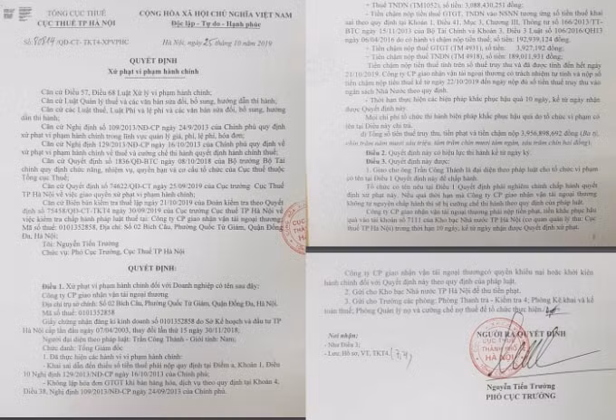 Quyết định xử phạt vi phạm hành chính về thuế đối với Công ty CP giao nhận vận tải Ngoại Thương