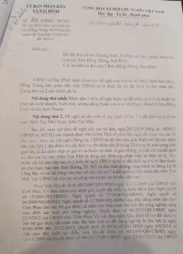 Công văn trả lời của UBND xã Đại Đình về kiến nghị của người dân
