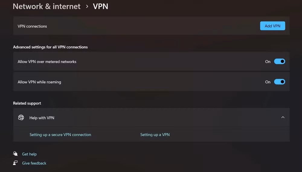 Giao diện cài đặt mạng và VPN trên hệ điều hành Windows