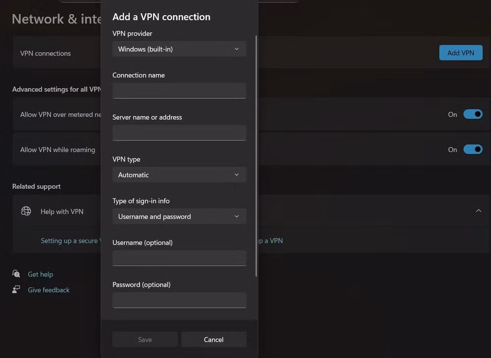Bảng điền thông số kỹ thuật để thiết lập kết nối VPN mới