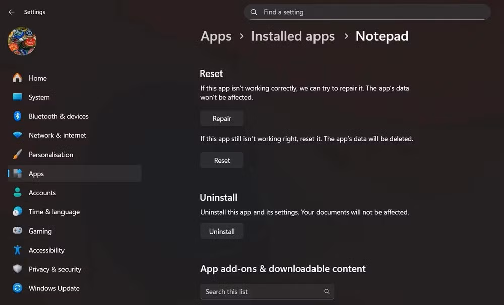 Trang cài đặt ứng dụng Notepad trên Windows giúp đặt lại cấu hình