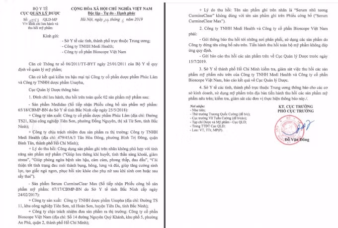 Công văn số 10053, Cục Quản lý dược quyết định đình chỉ sản phẩm Medidao và sản phẩm Serum CurmineClear Max.