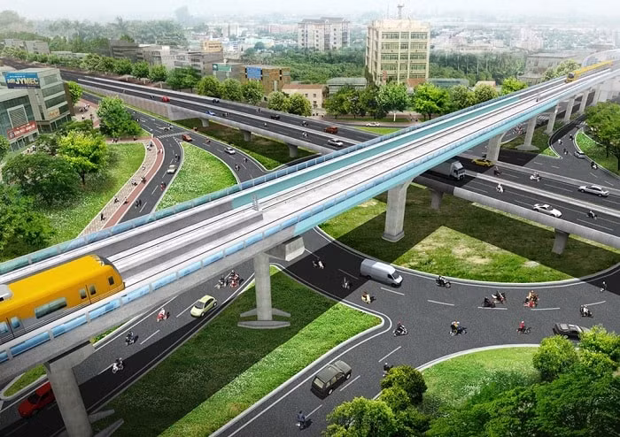 Phối cảnh tuyến metro Nhổn-Ga Hà Nội đoạn giao cắt với đường vành đai 3 ở cầu vượt Mai Dịch. (Ảnh: hanoimetro)