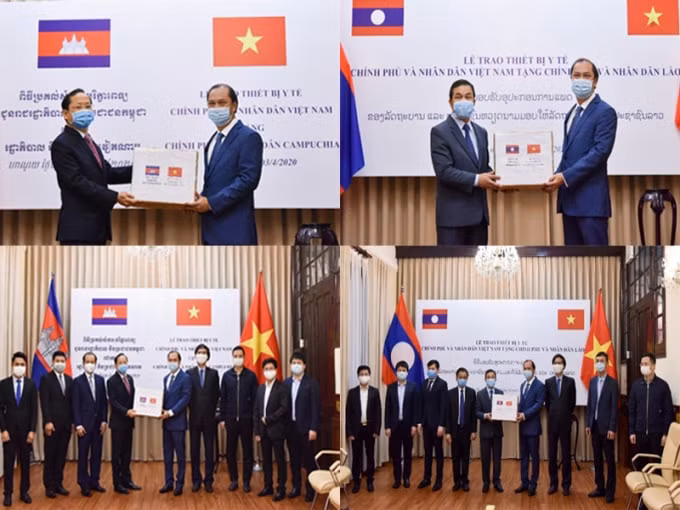 Thứ trưởng Nguyễn Quốc Dũng trao tượng trưng trang thiết bị y tế hỗ trợ Lào và Campuchia phòng, chống dịch Covid-19.