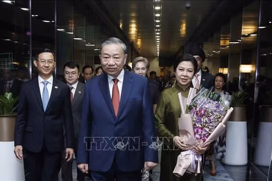 Tổng Bí thư, Chủ tịch nước Tô Lâm và Phu nhân tại sân bay Changi, Singapore. Ảnh: Thống Nhất/TTXVN