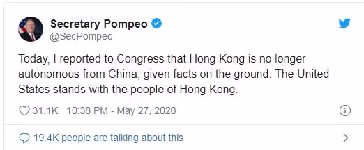 Ngoại trưởng Mike Pompeo thông báo về tình trạng của Hong Kong trên mạng xã hội Twitter - Ảnh: TTNV
