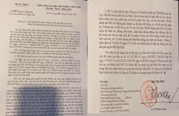 Bộ trưởng Bộ Tư pháp Lê Thành Long đã ký ban hành văn bản số 837/BTP-TCTHADS trả lời Đại biểu Quốc hội Lê Thành Vân.