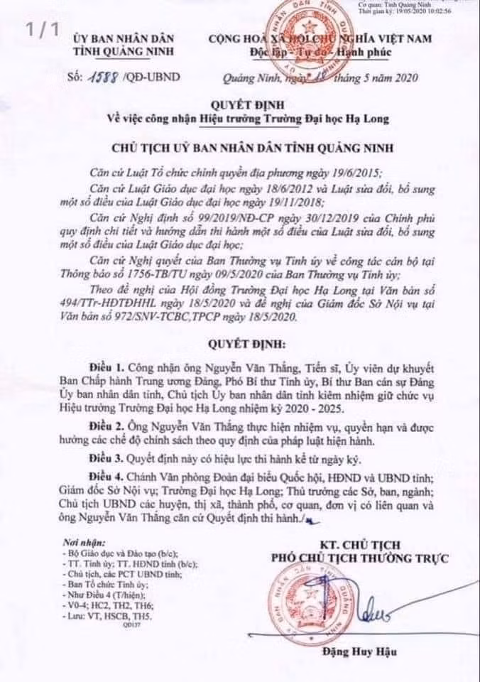 Dù chỉ là chức danh kiêm nhiệm nhưng Chủ tịch UBND tỉnh Quảng Ninh Nguyễn Văn Thắng vẫn là người đại diện pháp luật, chủ tài khoản, con dấu của trường Đại học Hạ Long. Ảnh: TL