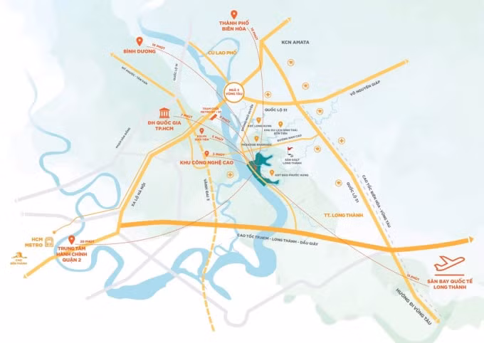 Aqua City nằm ở tâm điểm kết nối giao thông đến TP. Hồ Chí Minh và các vùng lân cận.