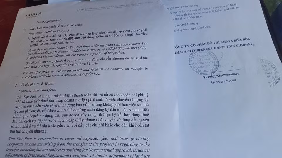 Phía Amata Biên Hòa cho biết, ngoài tiền thuê đất mà Công ty Tấn Đạt Phát đã trả theo Hợp đồng thuê đất thì Công ty Tấn Đạt Phát phải trả cho Amata Biên Hòa thêm 54 tỷ đồng thì Amata Biên Hòa mới chấp chuyển nhượng một phần dự án cho Công ty Tấn Đạt Phát.