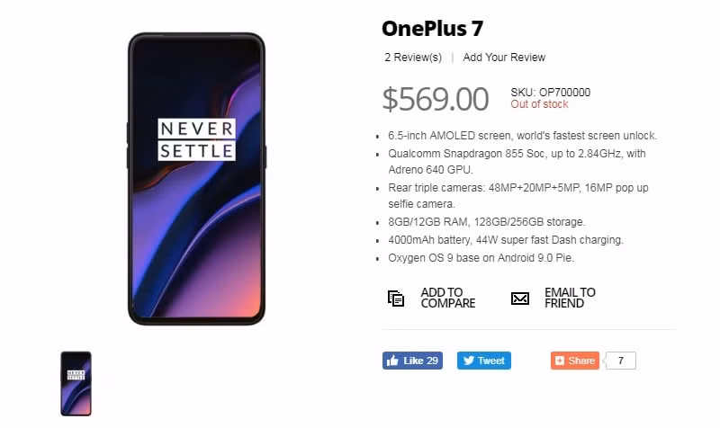 Nhà bán lẻ Giztop&nbsp;liệt kê Oneplus 7, thông số chính thức được xác nhận.