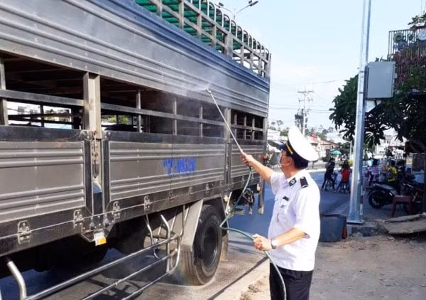Phun thuốc sát trùng, khử độc xe vận chuyển lợn tại Trạm Kiểm dịch đầu mối giao thông tỉnh An Giang. Ảnh: Thanh Tra