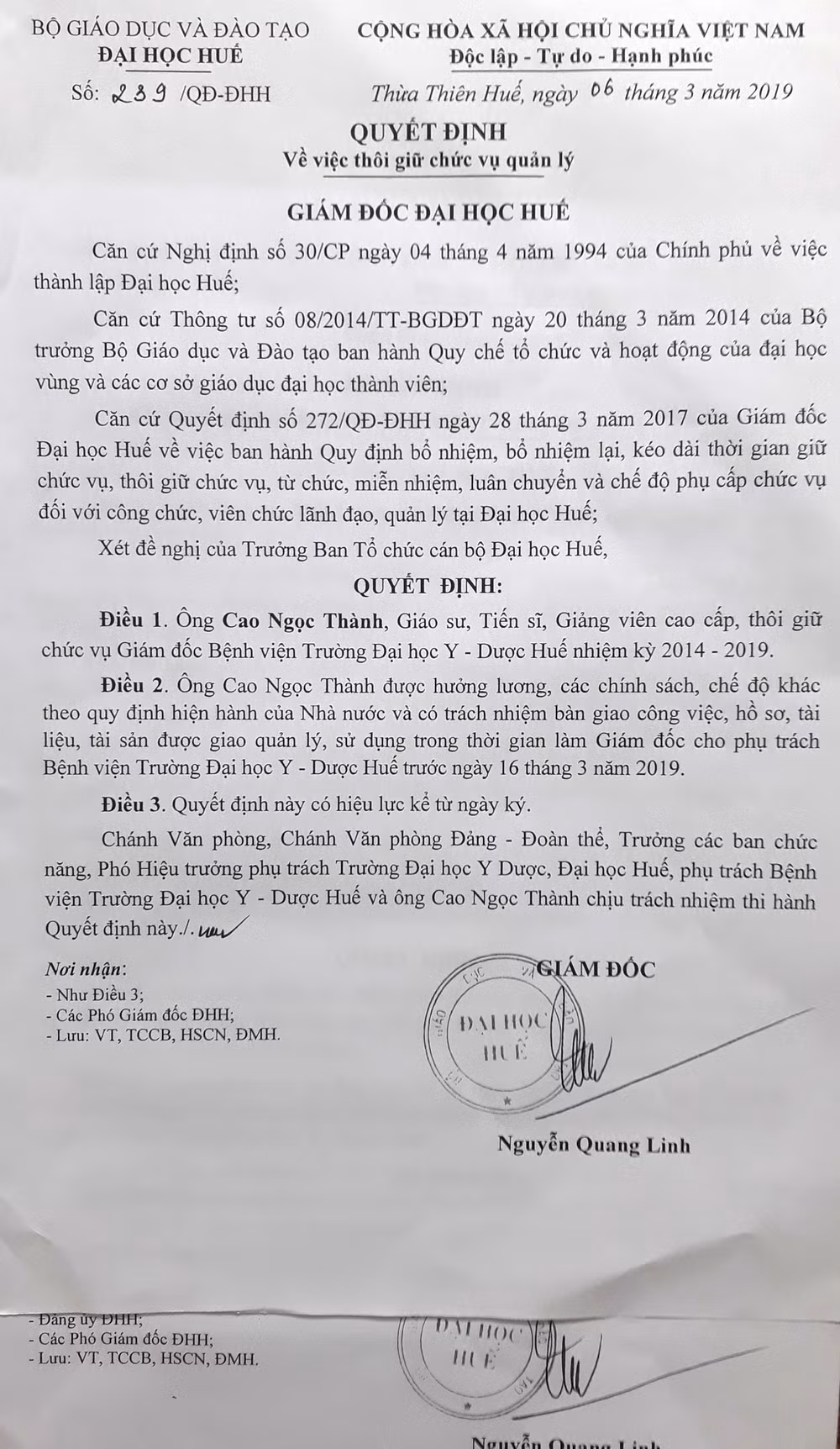 Quyết định thôi giữ chức vụ Giám đốc Bệnh viện Trường ĐH Y Dược Huế (Ảnh: Cái Văn Long).