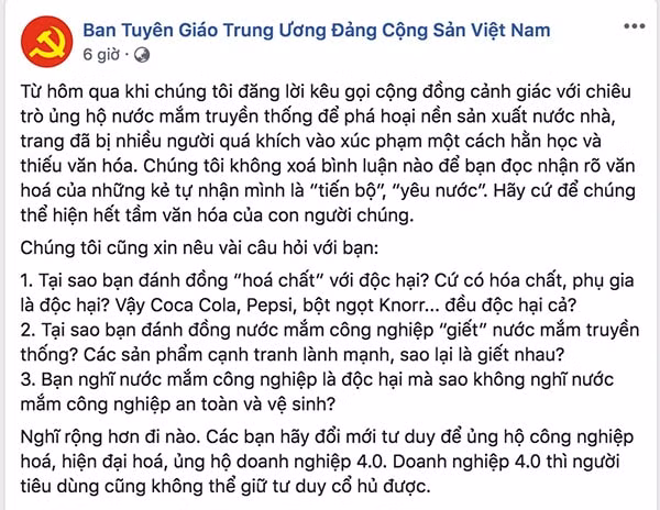 Bài viết gần đây nhất của trang Facebook mạo danh Ban Tuyên giáo TƯ