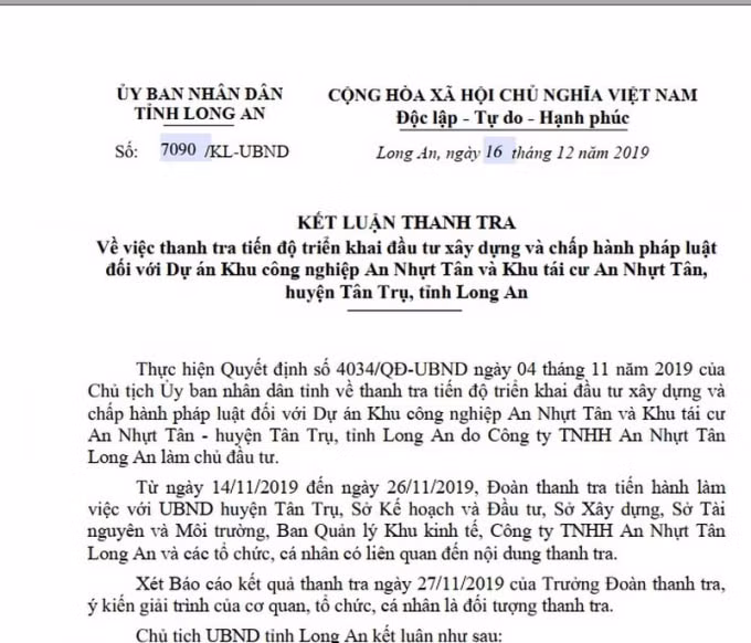 Kết luận thanh tra chỉ ra hàng loạt thiếu sót, hạn chế tại dự án Khu công nghiệp An Nhựt Tân và Khu tái cư An Nhựt Tân