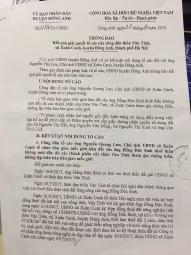 UBND huyện Đông Anh đã ban hành thông báo trong đó khẳng định nội dung tố cáo của công dân là đúng.