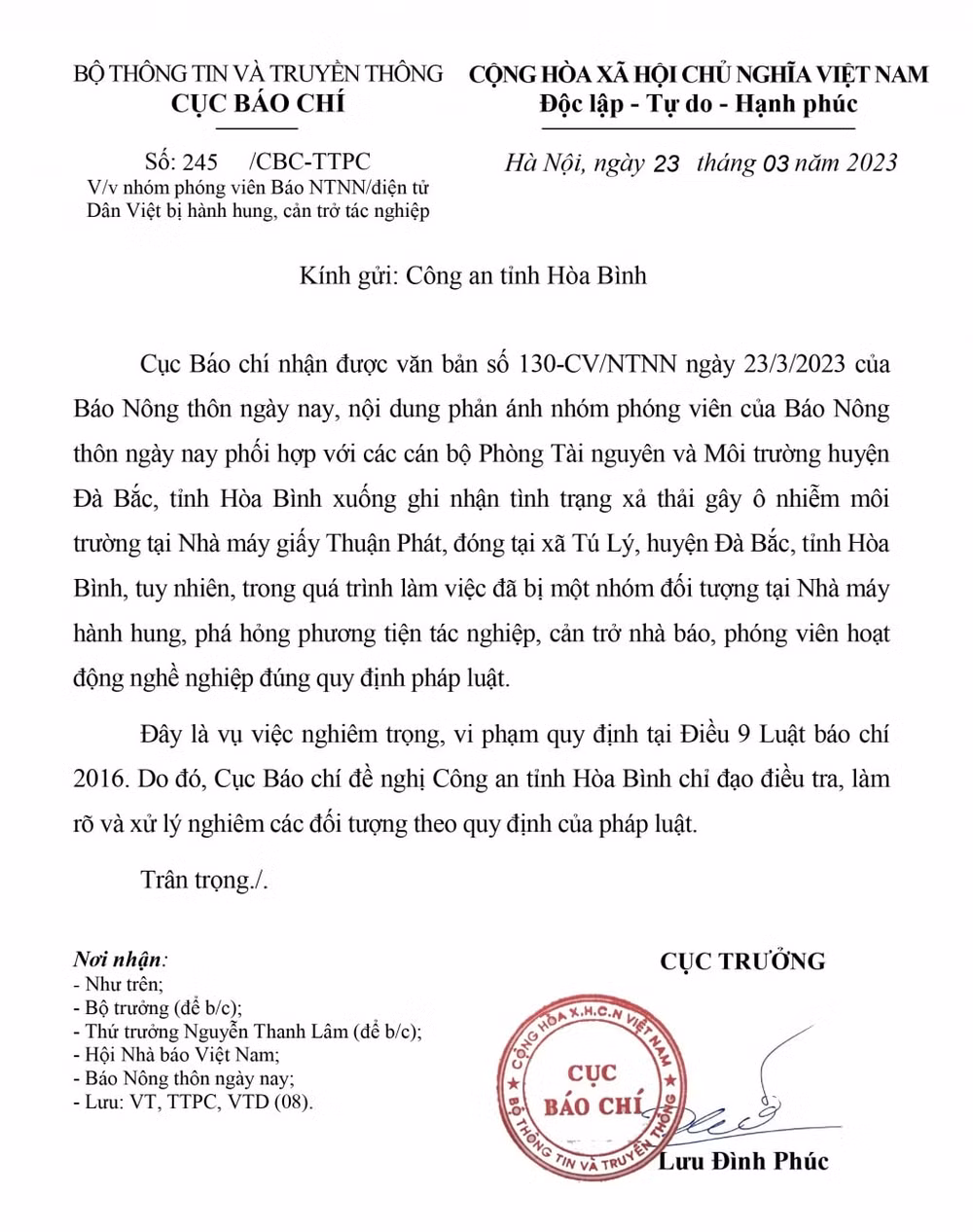 cuc bao chi de nghi cong an tinh hoa binh dieu tra lam ro cac doi tuong hanh hung nha bao hinh 1