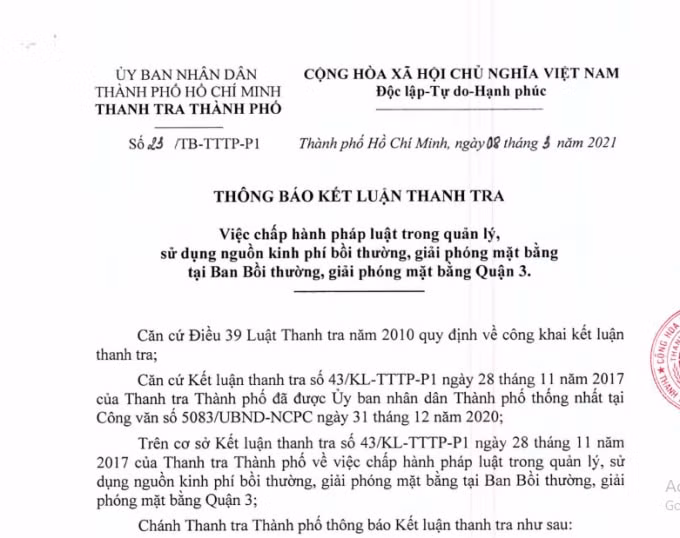 Thông báo kết luận thanh tra