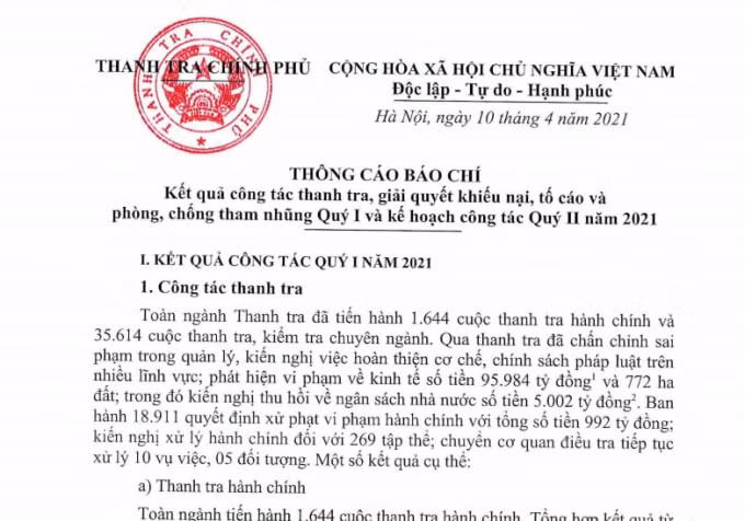 Thông cáo báo chí kết quả công tác thanh tra, giải quyết khiếu nại, tố cáo và phòng, chống tham nhũng Quý I và kế hoạch công tác Quý II năm 2021