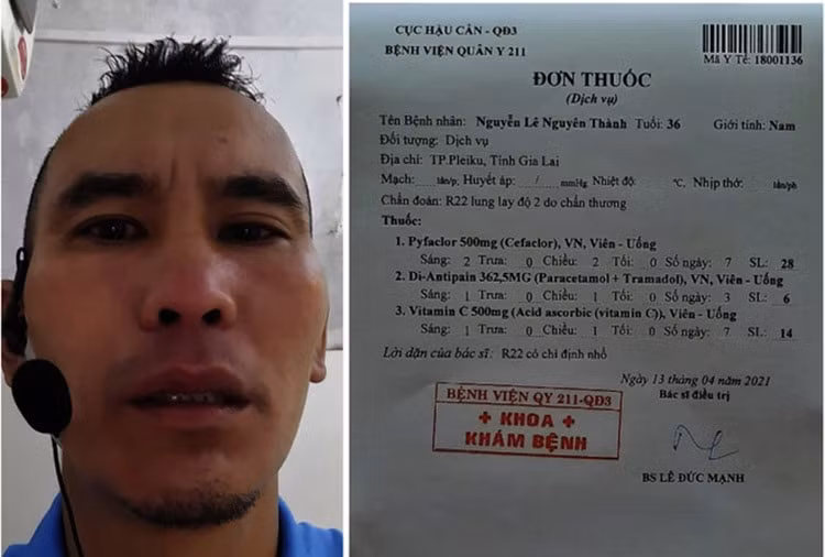 Trợ lý Nguyễn Lê Nguyên Thành và đơn thuốc sau khi được cho là đã bị cầu thủ TP. HCM tấn công. Ảnh: internet
