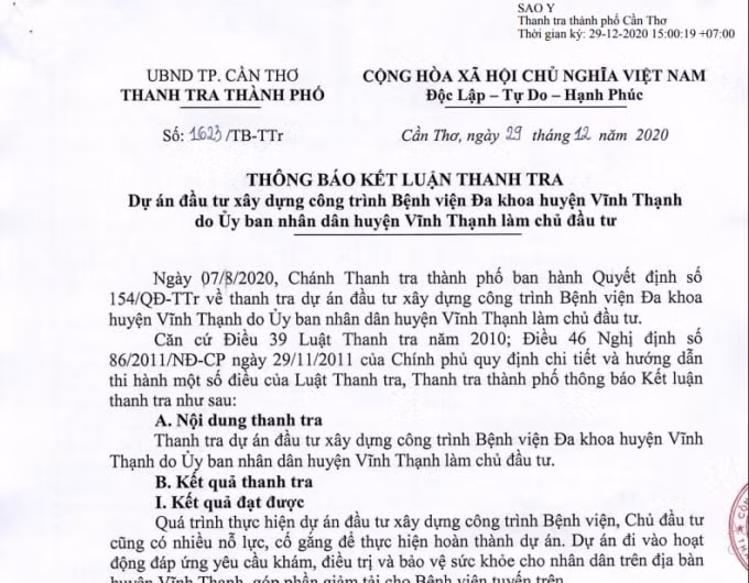 Thông báo kết luận thanh tra dự án đầu tư xây dựng công trình Bệnh viện Đa khoa huyện Vĩnh Thạnh