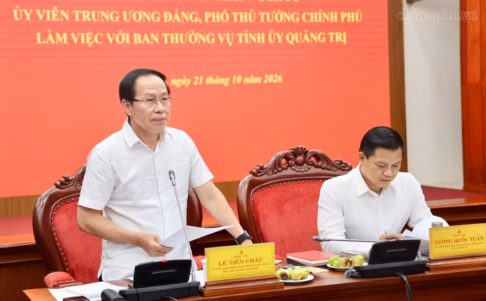 Phó Thủ tướng Lê Tiến Châu phát biểu tại cuộc làm việc với Ban Thường vụ Tỉnh uỷ Quảng Trị - Ảnh: CP