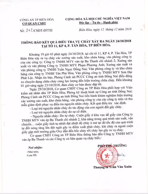 Ngày 12/12/2018, Cơ quan CSĐT Công an TP. Biên Hòa (Đồng Nai) đã ra thông báo kết quả điều tra vụ cháy.