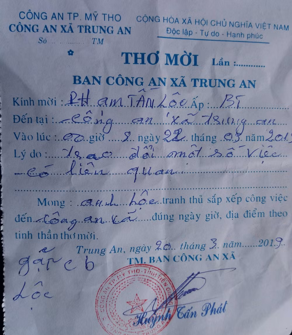 Thư mời ông Lộc làm việc với công xã lúc 00 giờ 8 ngày 22 tháng 03 năm 2019
