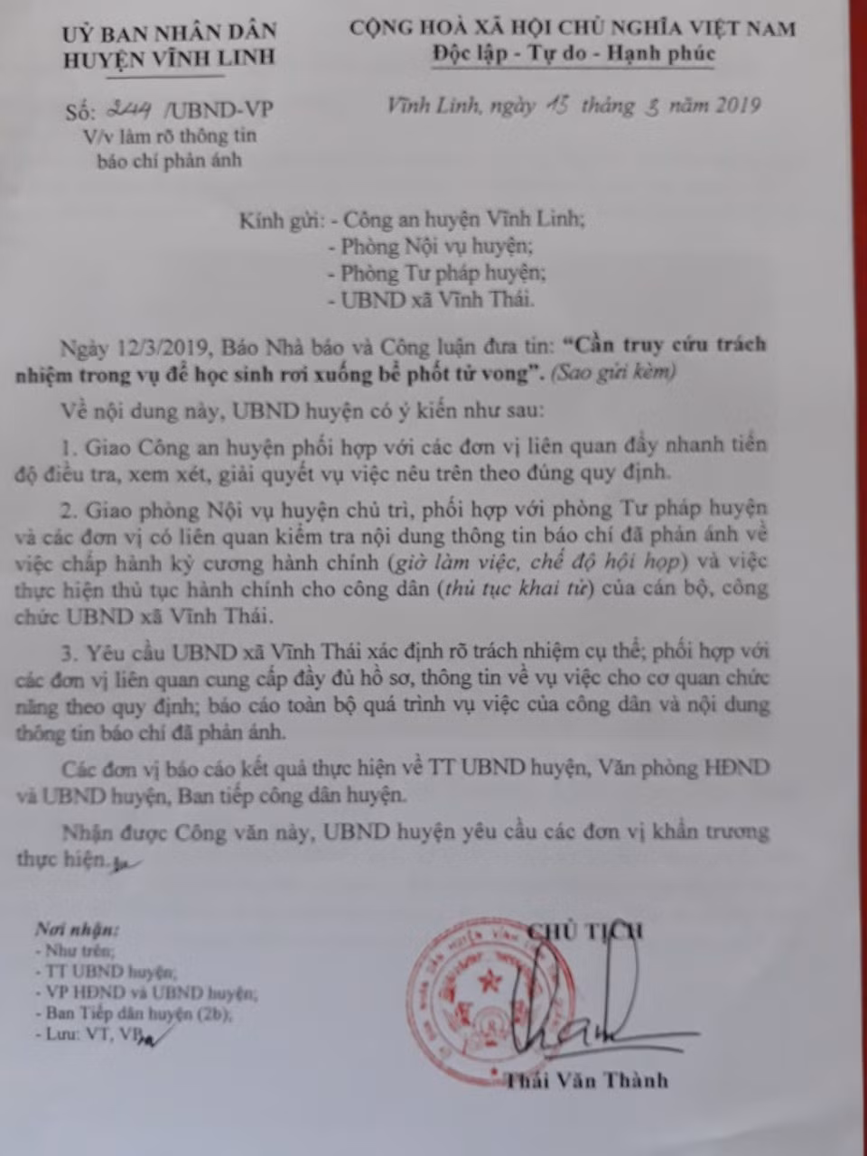 Công văn chỉ đạo điều tra làm rõ vụ việc của Chủ tịch UBND huyện Vĩnh Linh. (Ảnh: Cái Văn Long).