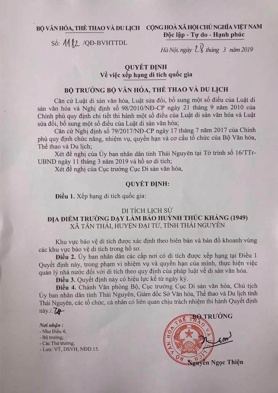Quyết định xếp hạng di tích lịch sử địa điểm trường dạy làm báo Huỳnh Thúc Kháng