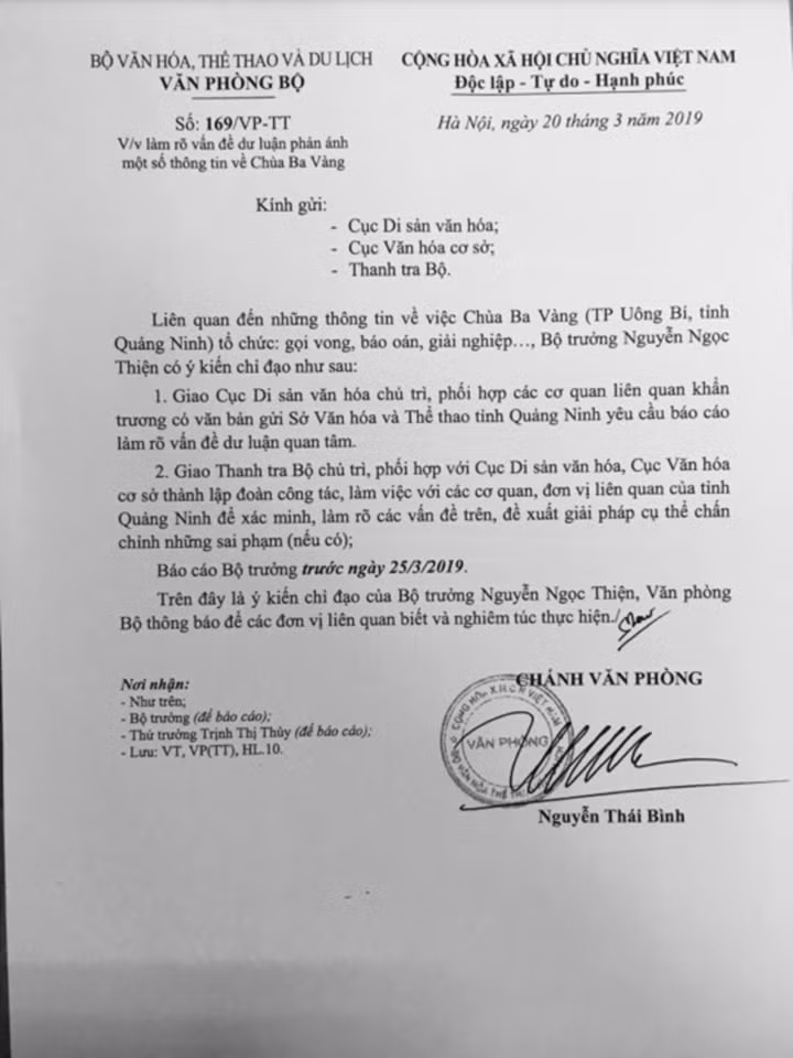 Công văn của Bộ Văn hóa, Thể thao & Du lịch. Ảnh: V.H.
