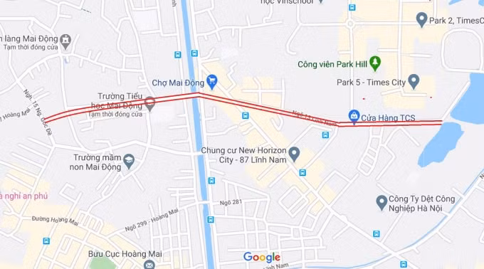 Sơ đồ tuyến đường từ Times City đến Nguyễn Đức Cảnh. (Nguồn ảnh: Google).