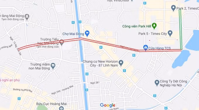 Sơ đồ tuyến đường nối khu Park2 Time City với đường ở mục 1 (màu xanh). (Nguồn ảnh: Google).