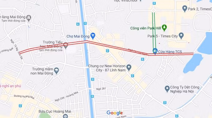 Tuyến đường nối Times City với News Horizon City (màu xanh) trên thực tế đã thi công gần xong đoạn phía Times City. (Nguồn ảnh: Google).
