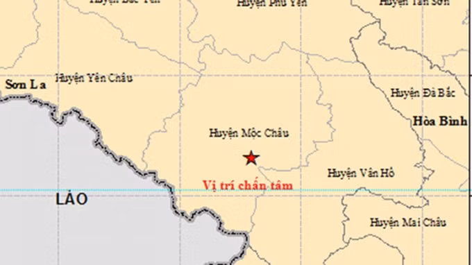 Vị trí chấn tâm lần động đất gần nhất vào lúc 12h1' tại huyện Mộc Châu, tỉnh Sơn La (Ảnh: Viện Vật lý địa cầu)