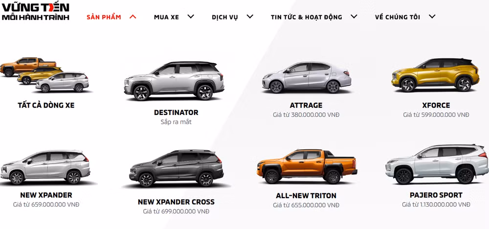 Danh mục sản phẩm trên trang chủ của Mitsubishi không còn mẫu xe Outlander - Ảnh chụp màn hình