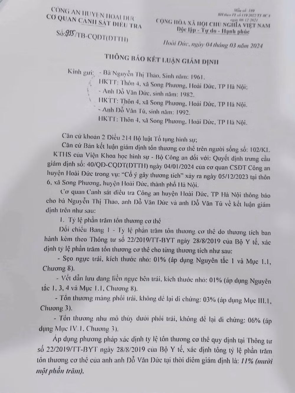Thông báo kết quả giám định, tỷ lệ phần trăm tổn thương cơ thể của anh Đức là 11% do vật sắc nhọn gây nên