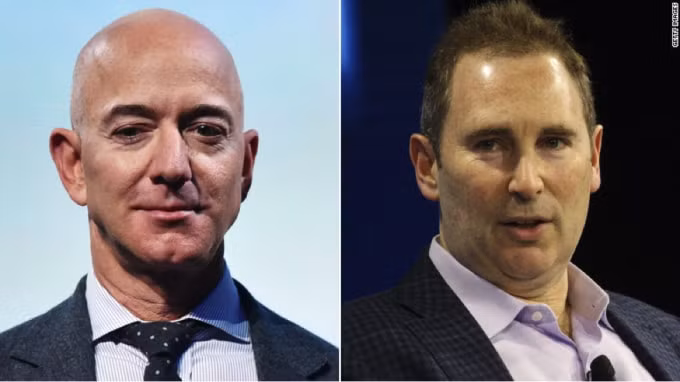 Bezos sẽ giao quyền điều hành cho Andy Jassy (bên phải), người hiện đang điều hành Amazon Web Services. Ảnh: CNN.