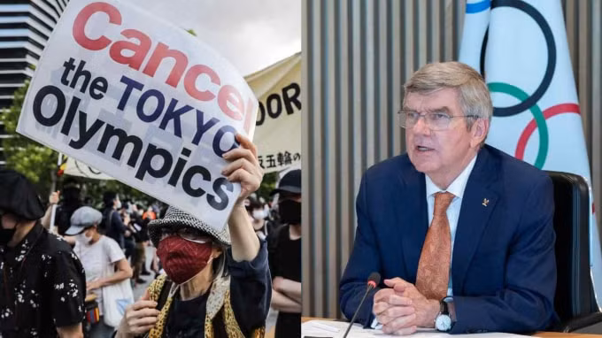 Người biểu tình chống Olympic ở Tokyo ngày 9/5 và hình ảnh Chủ tịch Ủy ban Olympic quốc tế Thomas Bach (phải) tham dự cuộc họp trực tuyến tại Lausanne, Thụy Sĩ, vào ngày 12 tháng 5 - Ảnh: Ken Kobayashi và Reuters