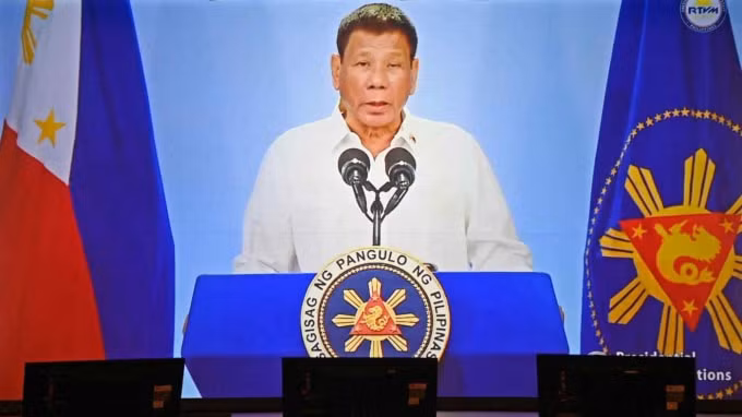Tổng thống Philippines Rodrigo Duterte phát biểu video tại hội nghị Tương lai châu Á của Nikkei vào ngày 21 tháng 5 - Ảnh: Kai Fujii