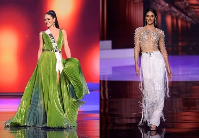 Estefanía Soto - đại diện Puerto Rico ở đêm bán kết trong chung kết bị cắt hỏng trang phục dạ hội màu xanh và buộc phải thay thế bằng bộ váy trắng tua rua.