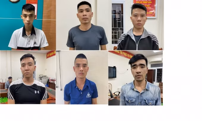 6 đối tượng trong ổ nhóm mua bán trái phép chất ma túy (từ trái sang phải, từ trên xuống dưới: Trung; Hoàng; Bảo; Sơn; Nhẫn và Đức).