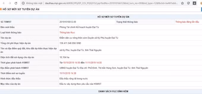 Tháng 10/2019, phòng Tài chính Kế hoạch huyện Đại Từ có thông báo mời thầu Dự án Điểm dân cư nông thôn xóm Duyên, xã Ký Phú, huyện Đại Từ. Ảnh: Mạng đấu thầu quốc gia.
