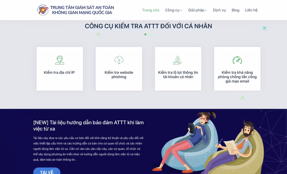 Trên website khonggianmang.vn có các công cụ hỗ trợ bảo đảm an toàn thông tin khi làm việc từ xa.
